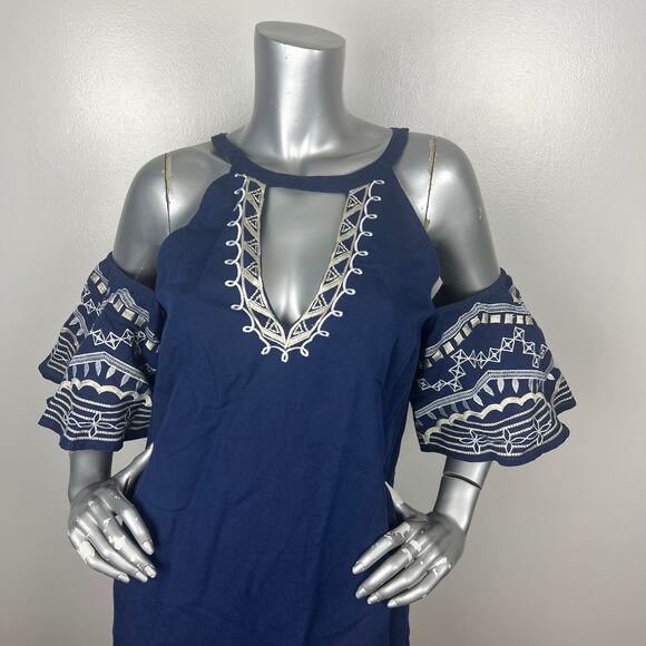 Red Carter Phoebe Mini Dress Linen Cotton Embroidered Navy Cold Shoulder Sz S - Picture 8 of 10